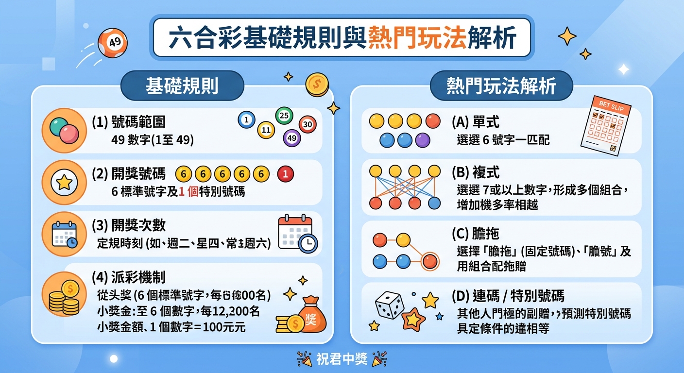 這張圖表採用粉藍與淡藍為底色，頂部呈現標題「六合彩基礎規則與熱門玩法解析」。 畫面左右兩側以簡約圖標與數字清晰分類，分別呈現六合彩的四大基本規則與四種熱門投注方式。