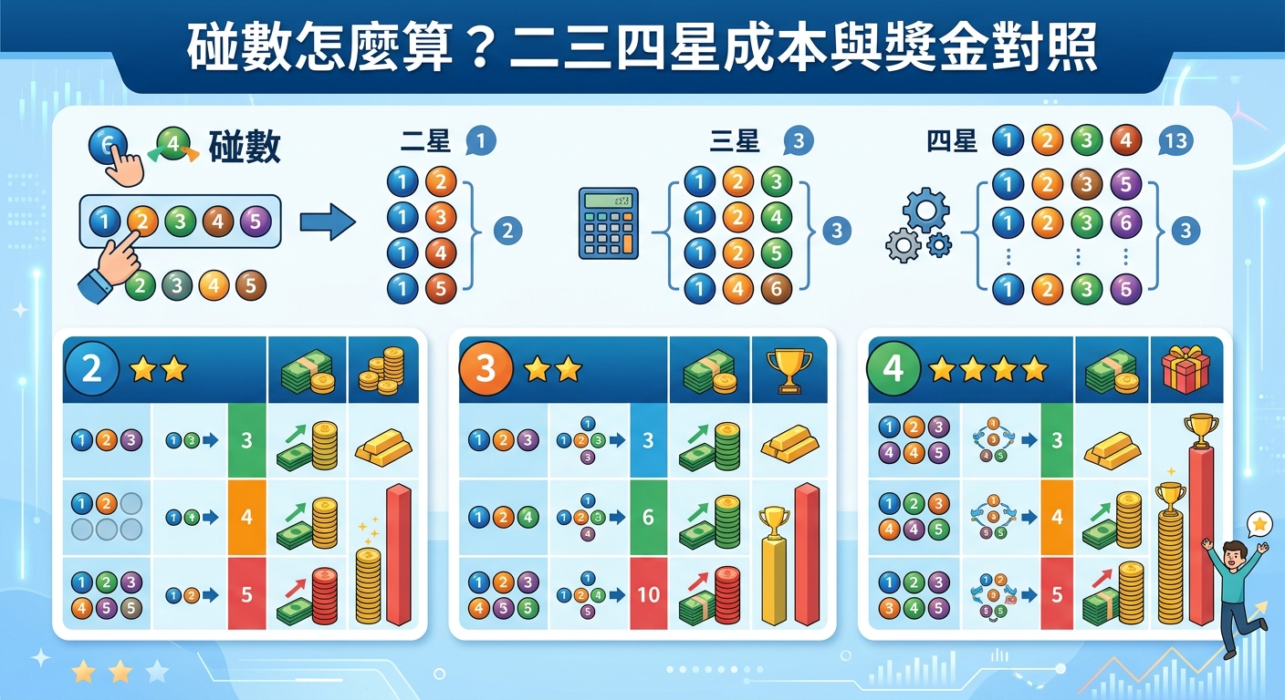 這張圖片是一份視覺化的圖表指南，頂部標題為「碰數怎麼算？二三四星成本與獎金對照」。 內容透過彩色圖示、數字組合與階梯圖，清晰說明二星、三星及四星的碰數計算方式與相對應的成本及獎金對照。